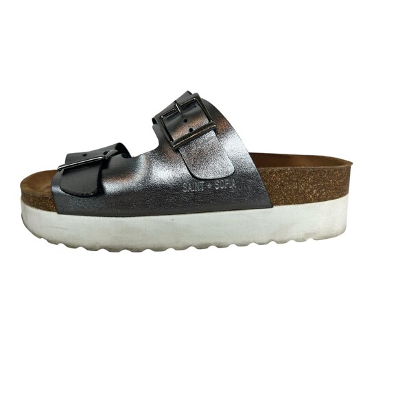 Saint + Sofia Platform 2 Strap Sandals  US 7  Pewter Metallic Leather  Casual - Picture 6 of 10